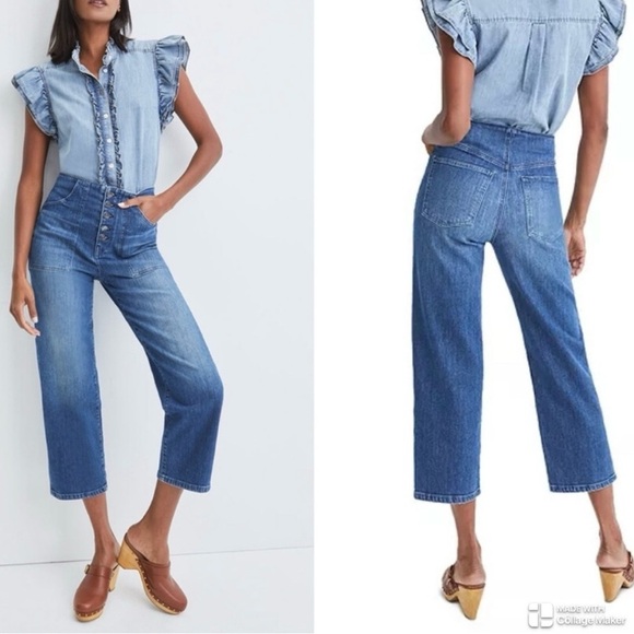 Veronica Beard 25 Crosbie Wide Crop High Rose Light Blue Denim Jeans button fly